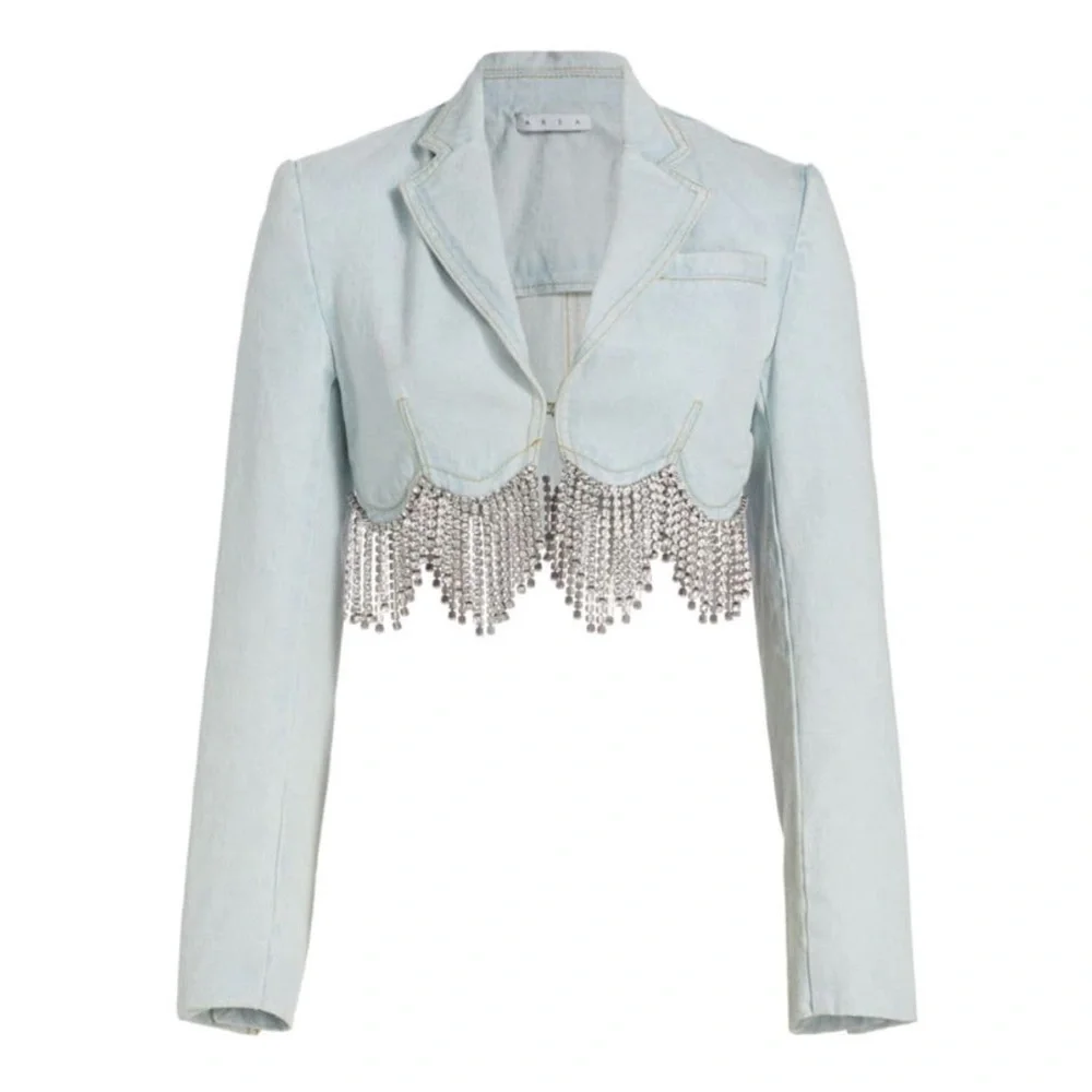 ⚡️⚡️AREA Scalloped Embellished Cropped Denim Jacket in Pale Blue, Size 4,NWT - Picture 4 of 17